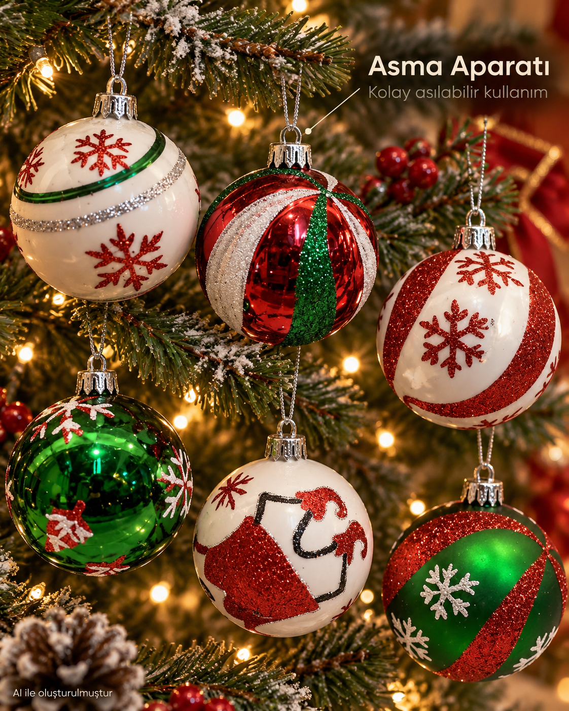6’lı Kırmızı Yeşil Beyaz Yılbaşı Topu Seti – Kar Tanesi ve Noel Baba Desenli Yılbaşı Ağacı Süsü, Noel Topu, Dekoratif Çam Ağacı Süsleri, Yılbaşı Dekorasyonu