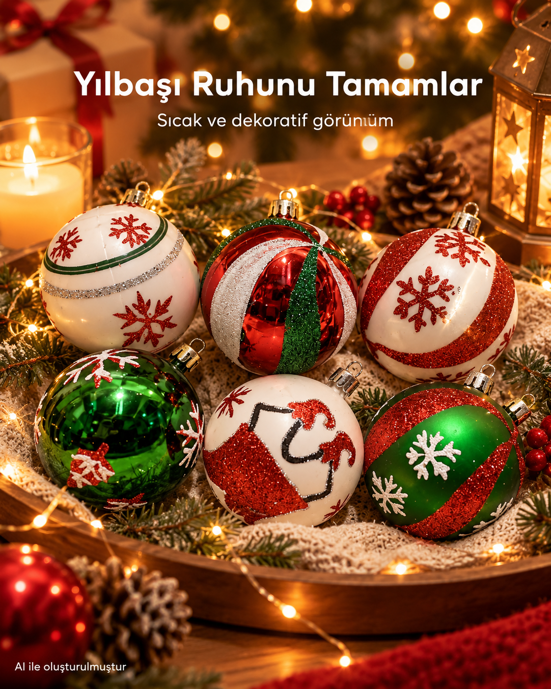 6’lı Kırmızı Yeşil Beyaz Yılbaşı Topu Seti – Kar Tanesi ve Noel Baba Desenli Yılbaşı Ağacı Süsü, Noel Topu, Dekoratif Çam Ağacı Süsleri, Yılbaşı Dekorasyonu