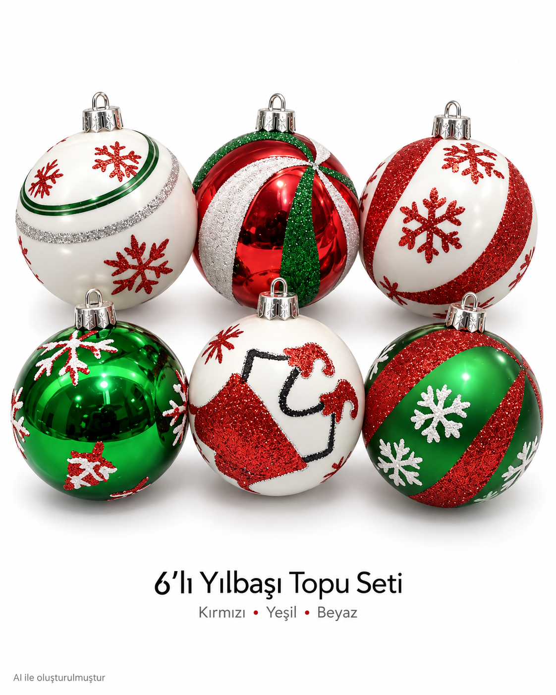 6’lı Kırmızı Yeşil Beyaz Yılbaşı Topu Seti – Kar Tanesi ve Noel Baba Desenli Yılbaşı Ağacı Süsü, Noel Topu, Dekoratif Çam Ağacı Süsleri, Yılbaşı Dekorasyonu