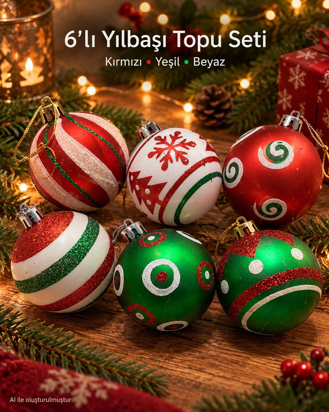 6’lı Kırmızı Yeşil Beyaz Yılbaşı Topu Seti – Kar Tanesi, Spiral ve Geometrik Desenli Noel Ağacı Süsleri, Dekoratif Çam Ağacı Süsü