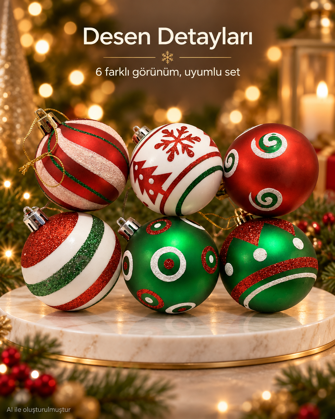 6’lı Kırmızı Yeşil Beyaz Yılbaşı Topu Seti – Kar Tanesi, Spiral ve Geometrik Desenli Noel Ağacı Süsleri, Dekoratif Çam Ağacı Süsü