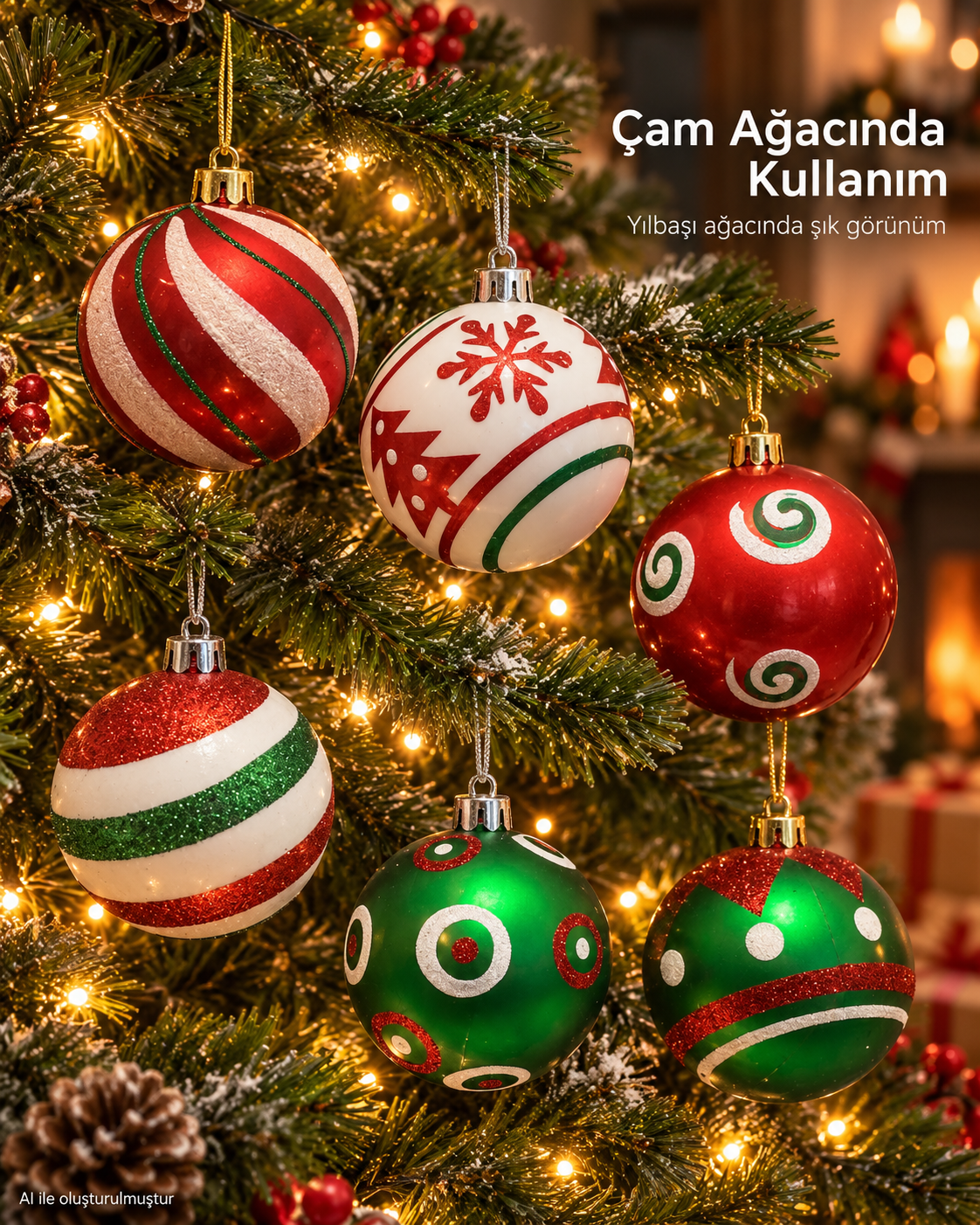6’lı Kırmızı Yeşil Beyaz Yılbaşı Topu Seti – Kar Tanesi, Spiral ve Geometrik Desenli Noel Ağacı Süsleri, Dekoratif Çam Ağacı Süsü