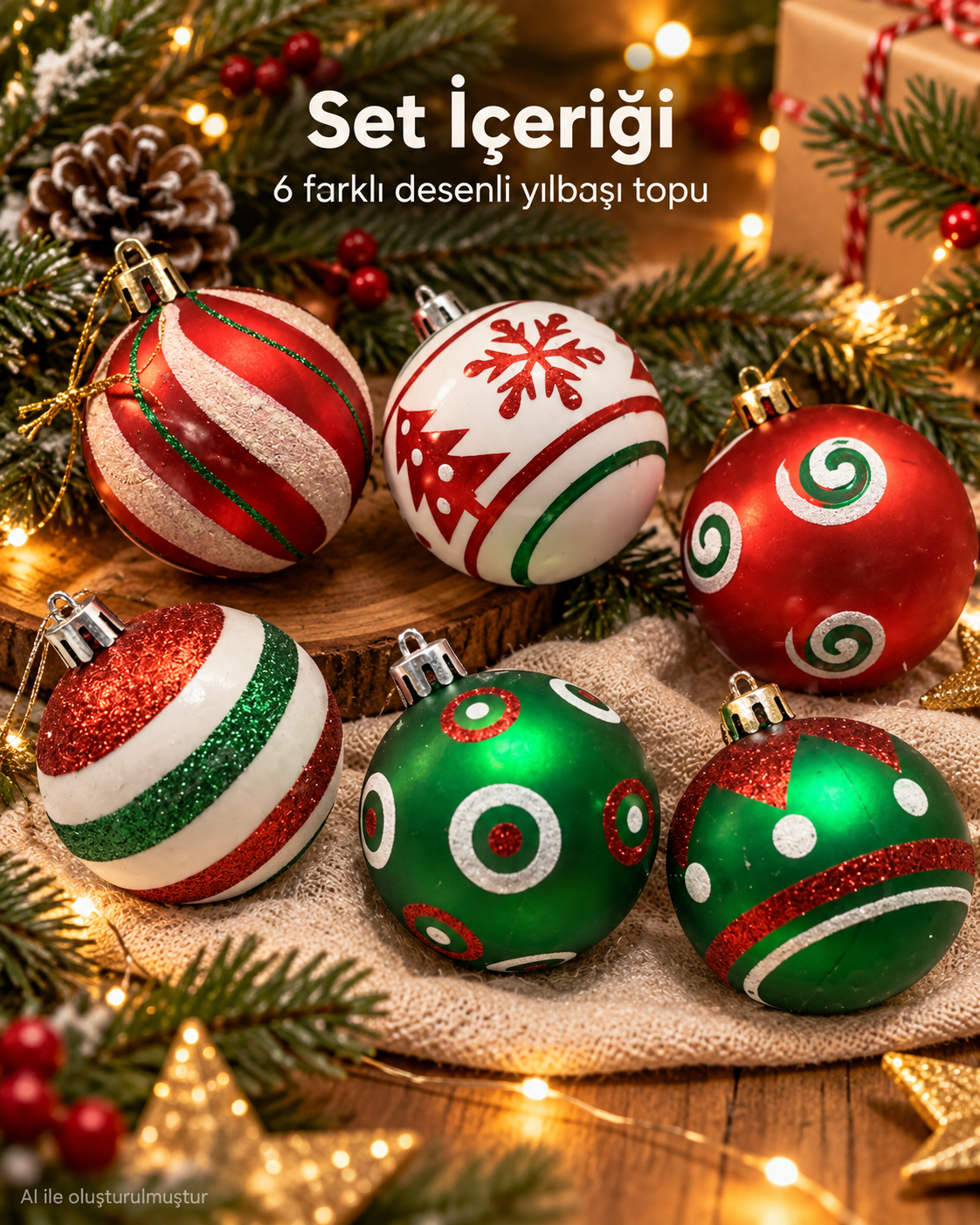 6’lı Kırmızı Yeşil Beyaz Yılbaşı Topu Seti – Kar Tanesi, Spiral ve Geometrik Desenli Noel Ağacı Süsleri, Dekoratif Çam Ağacı Süsü
