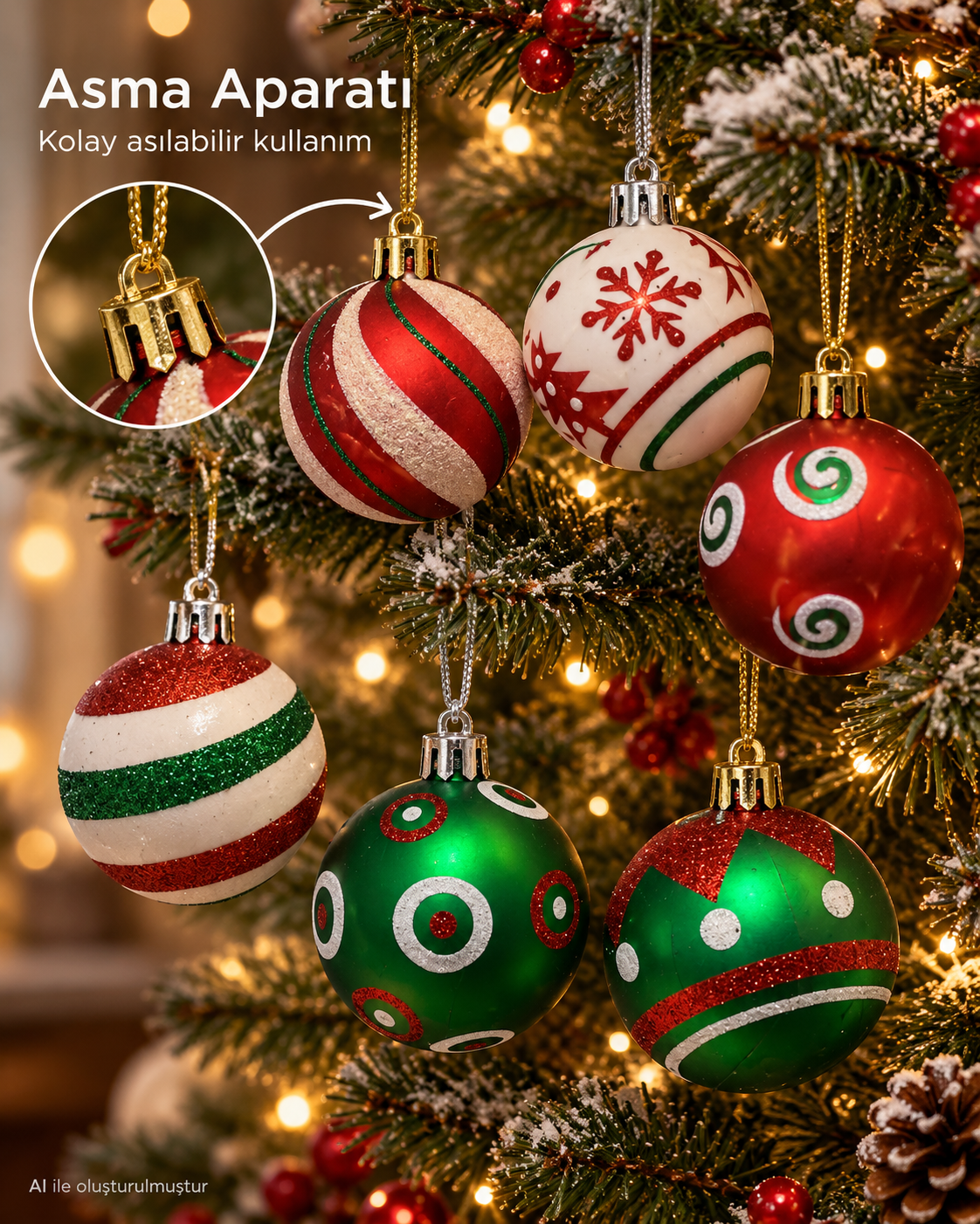 6’lı Kırmızı Yeşil Beyaz Yılbaşı Topu Seti – Kar Tanesi, Spiral ve Geometrik Desenli Noel Ağacı Süsleri, Dekoratif Çam Ağacı Süsü