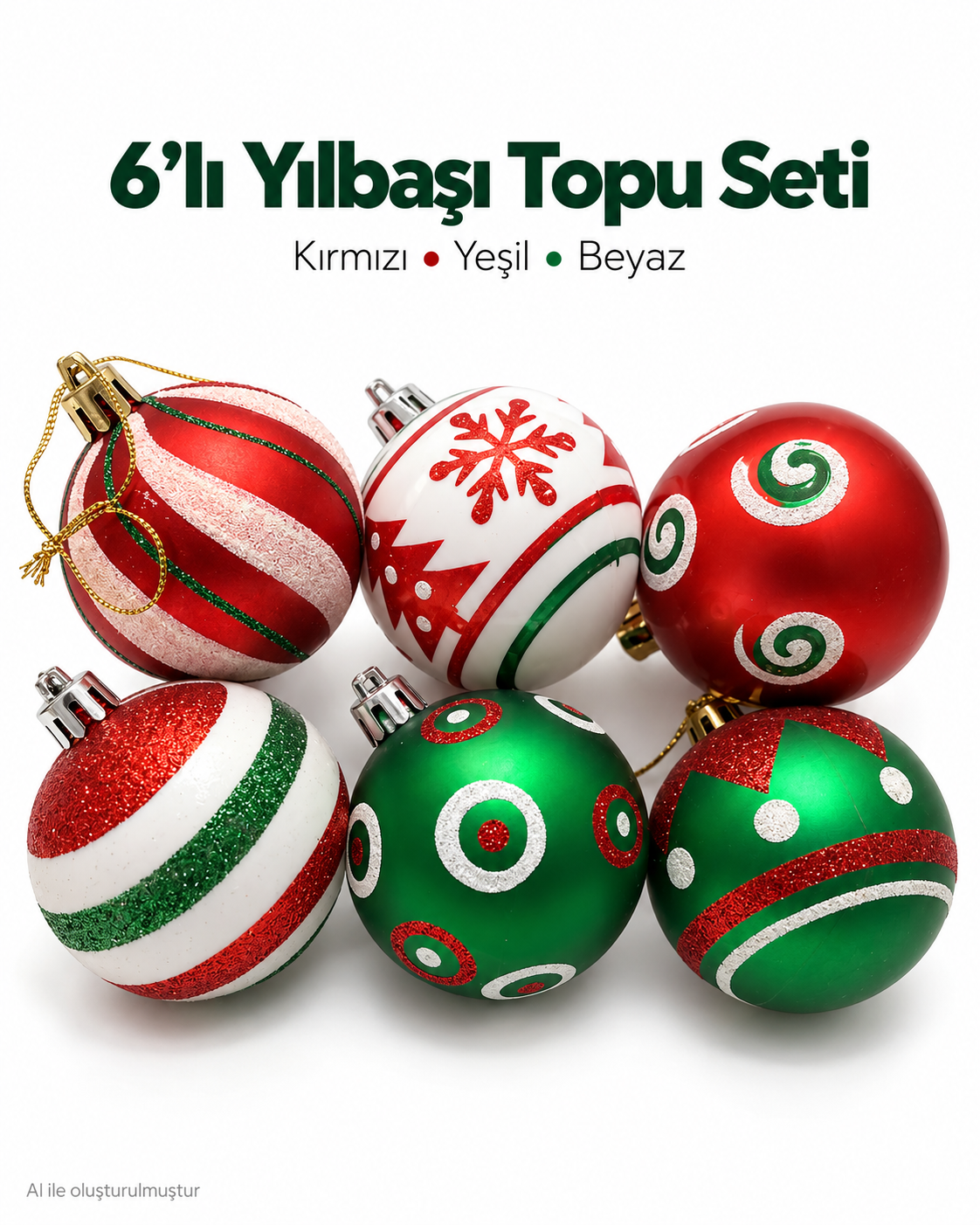 6’lı Kırmızı Yeşil Beyaz Yılbaşı Topu Seti – Kar Tanesi, Spiral ve Geometrik Desenli Noel Ağacı Süsleri, Dekoratif Çam Ağacı Süsü