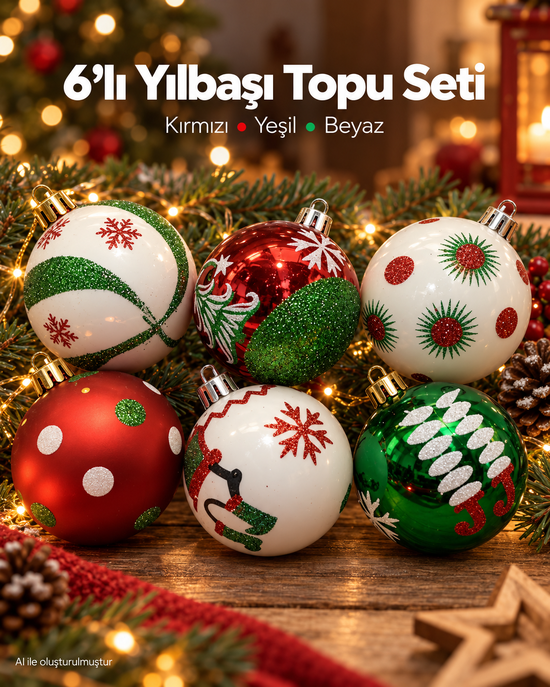 6’lı Kırmızı Yeşil Beyaz Yılbaşı Topu Seti – Kar Tanesi, Noel Baba ve Geometrik Desenli Noel Ağacı Süsleri, Çam Ağacı Dekoru