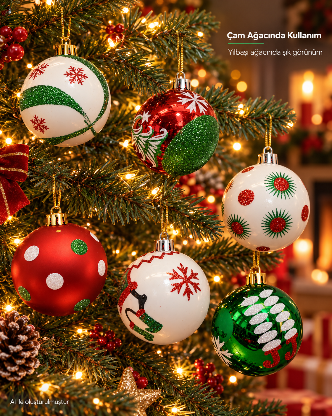 6’lı Kırmızı Yeşil Beyaz Yılbaşı Topu Seti – Kar Tanesi, Noel Baba ve Geometrik Desenli Noel Ağacı Süsleri, Çam Ağacı Dekoru