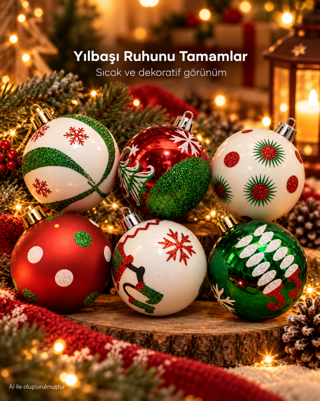 6’lı Kırmızı Yeşil Beyaz Yılbaşı Topu Seti – Kar Tanesi, Noel Baba ve Geometrik Desenli Noel Ağacı Süsleri, Çam Ağacı Dekoru