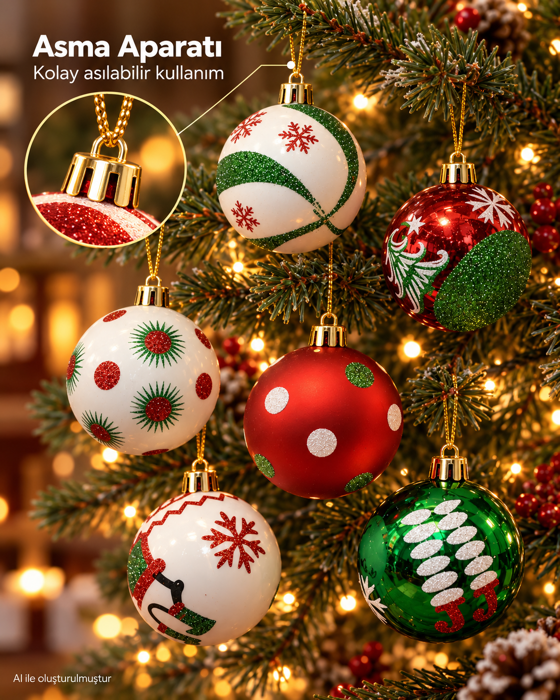 6’lı Kırmızı Yeşil Beyaz Yılbaşı Topu Seti – Kar Tanesi, Noel Baba ve Geometrik Desenli Noel Ağacı Süsleri, Çam Ağacı Dekoru
