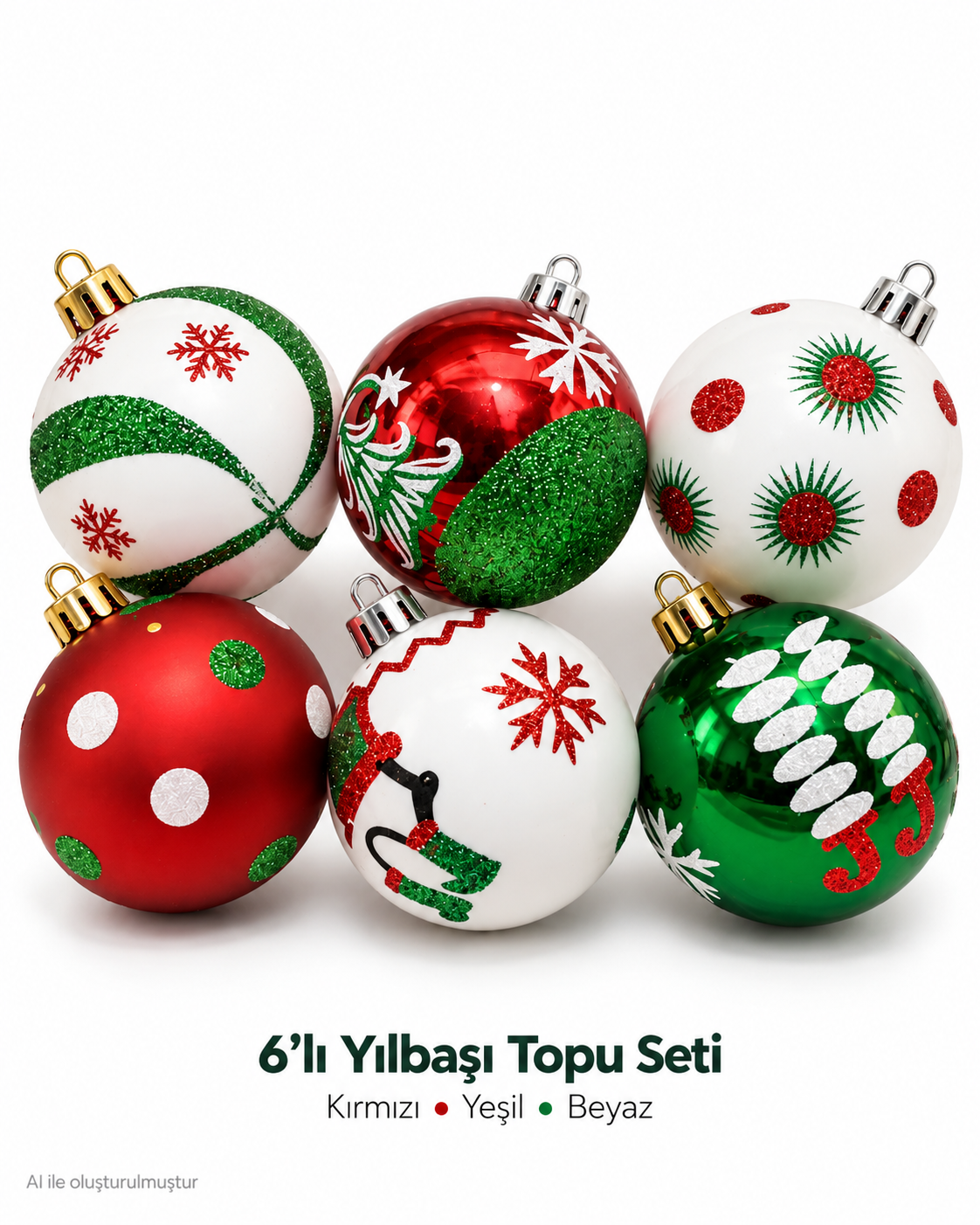 6’lı Kırmızı Yeşil Beyaz Yılbaşı Topu Seti – Kar Tanesi, Noel Baba ve Geometrik Desenli Noel Ağacı Süsleri, Çam Ağacı Dekoru