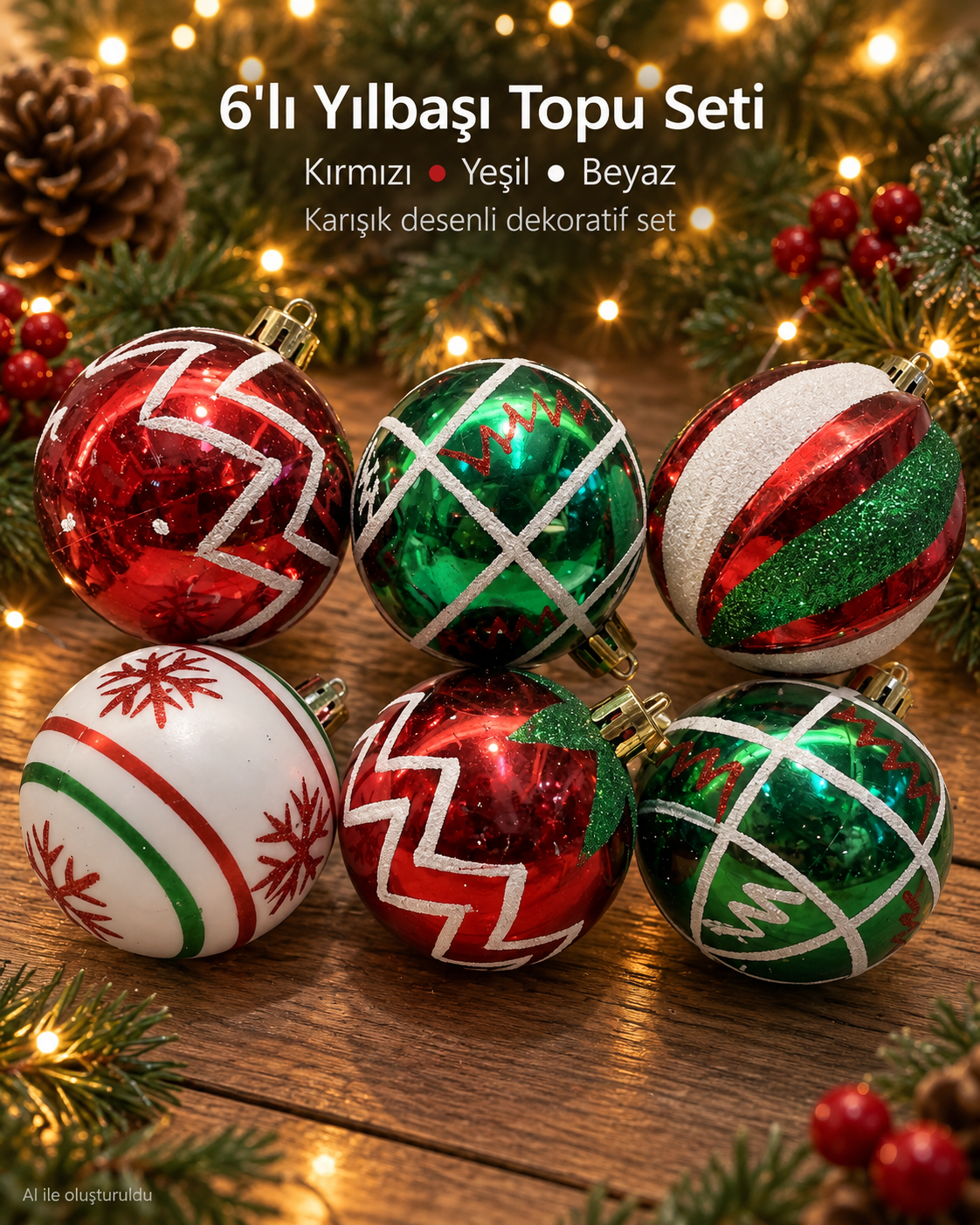 6’lı Kırmızı Yeşil Beyaz Yılbaşı Topu Seti – Zigzag, Geometrik ve Kar Tanesi Desenli Noel Ağacı Süsleri, Dekoratif Çam Ağacı Topları
