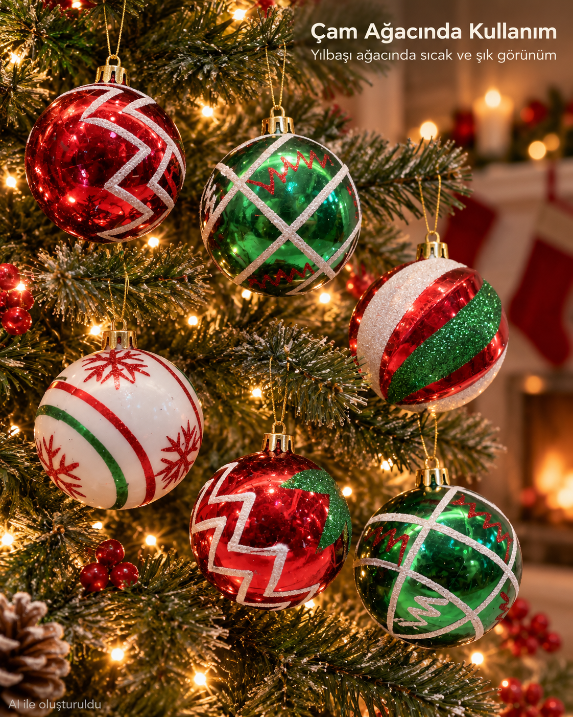 6’lı Kırmızı Yeşil Beyaz Yılbaşı Topu Seti – Zigzag, Geometrik ve Kar Tanesi Desenli Noel Ağacı Süsleri, Dekoratif Çam Ağacı Topları