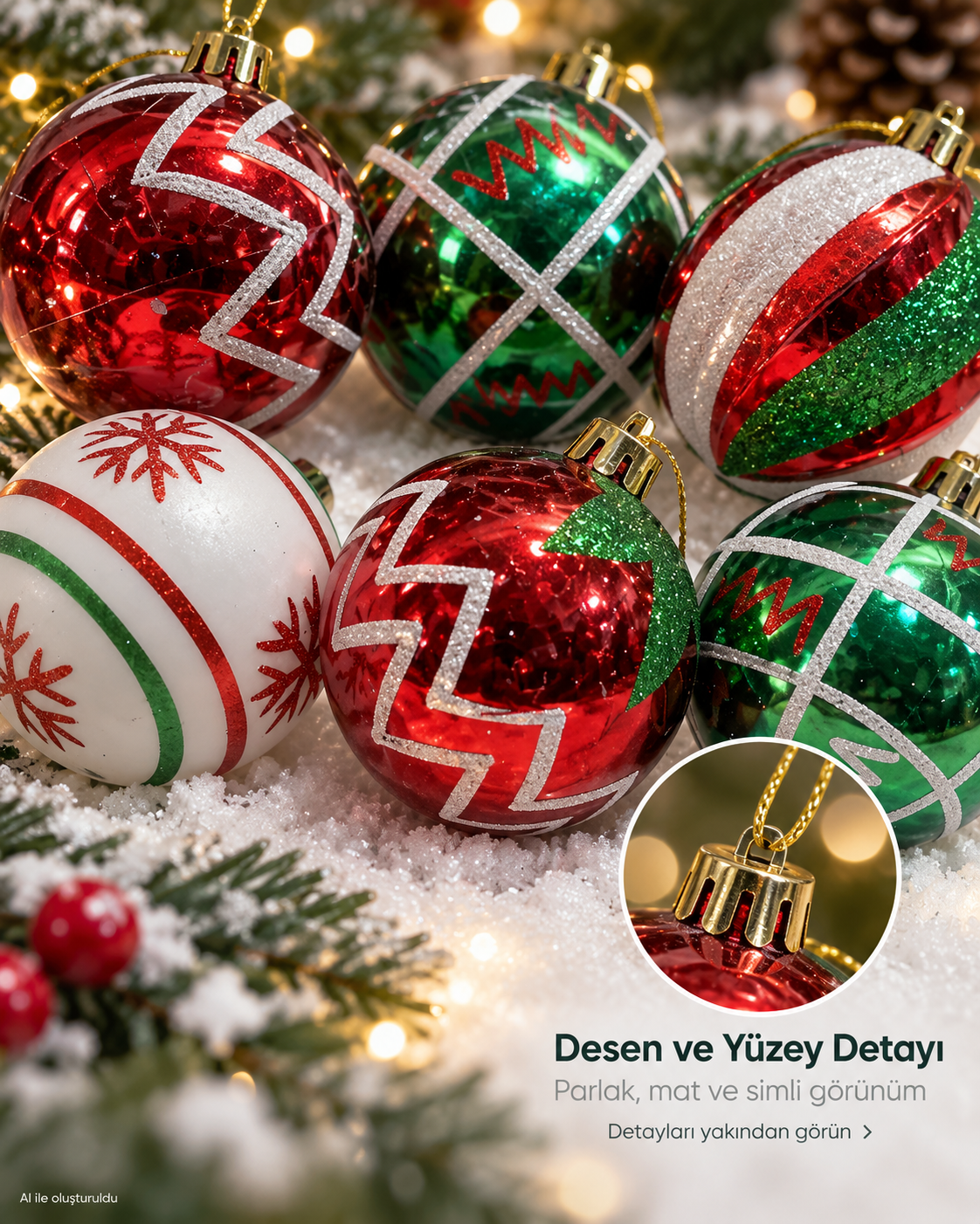 6’lı Kırmızı Yeşil Beyaz Yılbaşı Topu Seti – Zigzag, Geometrik ve Kar Tanesi Desenli Noel Ağacı Süsleri, Dekoratif Çam Ağacı Topları