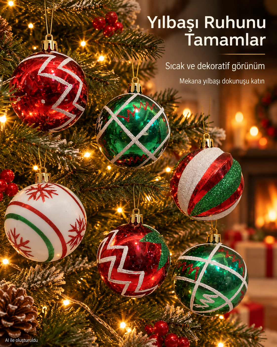6’lı Kırmızı Yeşil Beyaz Yılbaşı Topu Seti – Zigzag, Geometrik ve Kar Tanesi Desenli Noel Ağacı Süsleri, Dekoratif Çam Ağacı Topları