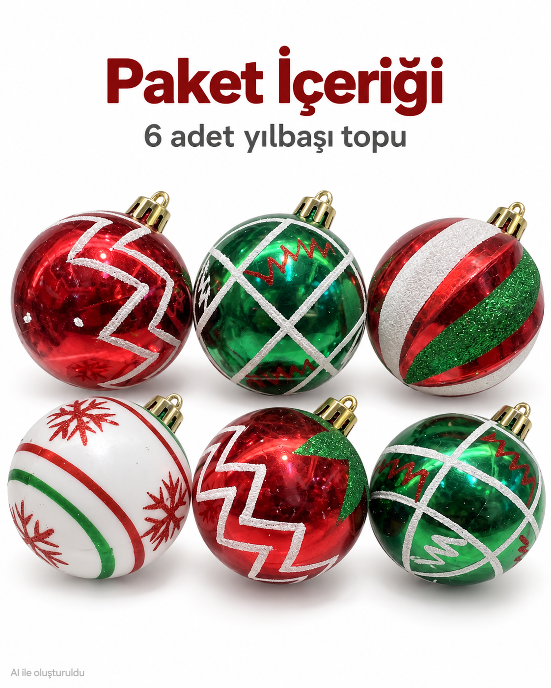 6’lı Kırmızı Yeşil Beyaz Yılbaşı Topu Seti – Zigzag, Geometrik ve Kar Tanesi Desenli Noel Ağacı Süsleri, Dekoratif Çam Ağacı Topları