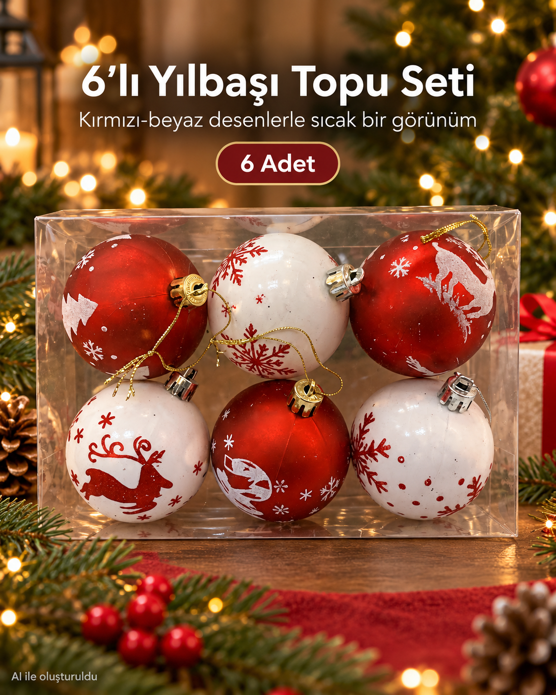 6’lı Kırmızı Beyaz Yılbaşı Topu Seti – Geyik, Kar Tanesi ve Çam Ağacı Desenli Noel Ağacı Süsleri, Dekoratif Çam Ağacı Topları