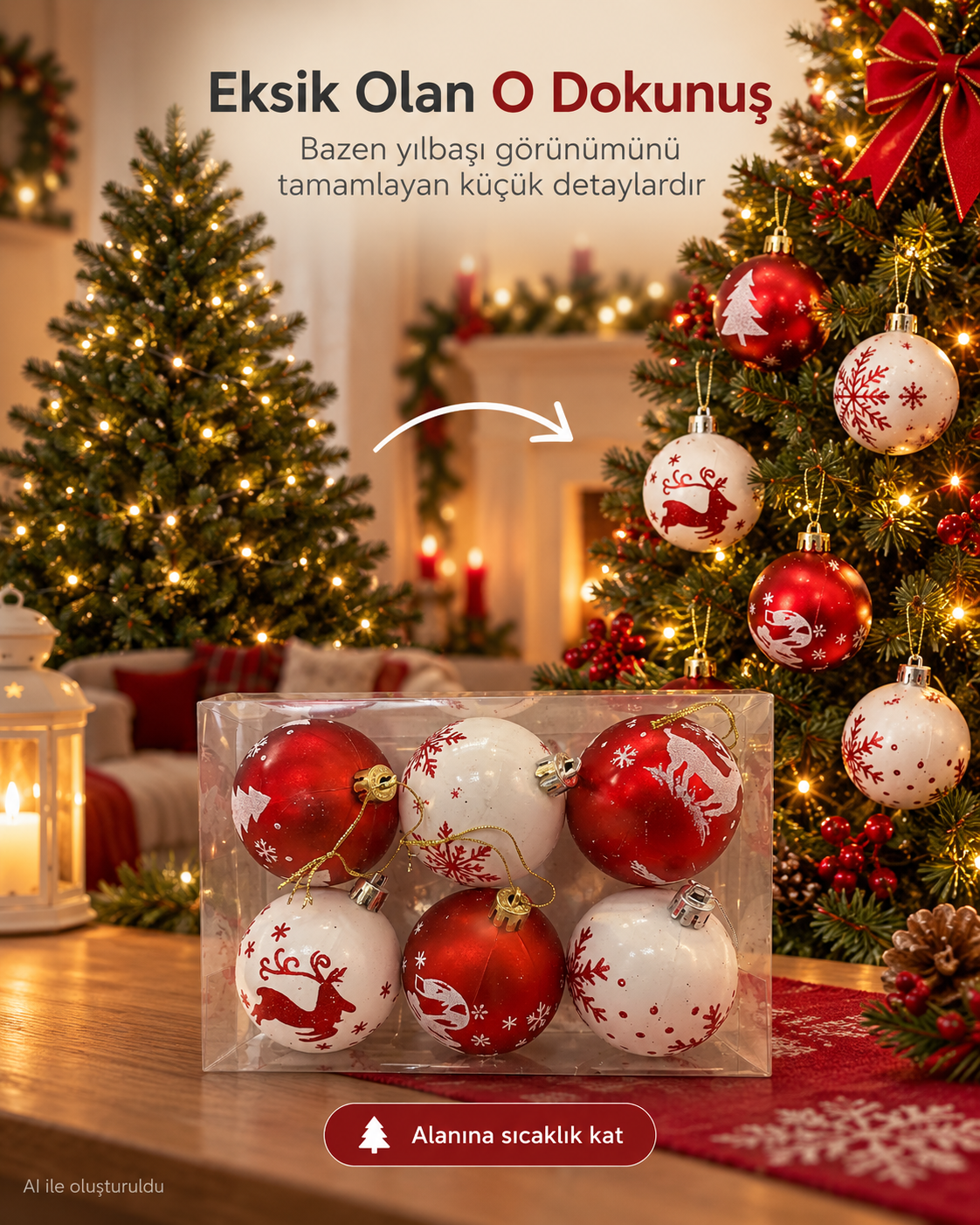 6’lı Kırmızı Beyaz Yılbaşı Topu Seti – Geyik, Kar Tanesi ve Çam Ağacı Desenli Noel Ağacı Süsleri, Dekoratif Çam Ağacı Topları