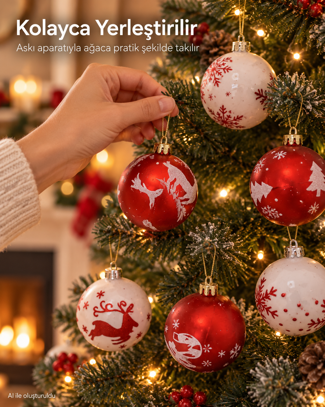 6’lı Kırmızı Beyaz Yılbaşı Topu Seti – Geyik, Kar Tanesi ve Çam Ağacı Desenli Noel Ağacı Süsleri, Dekoratif Çam Ağacı Topları