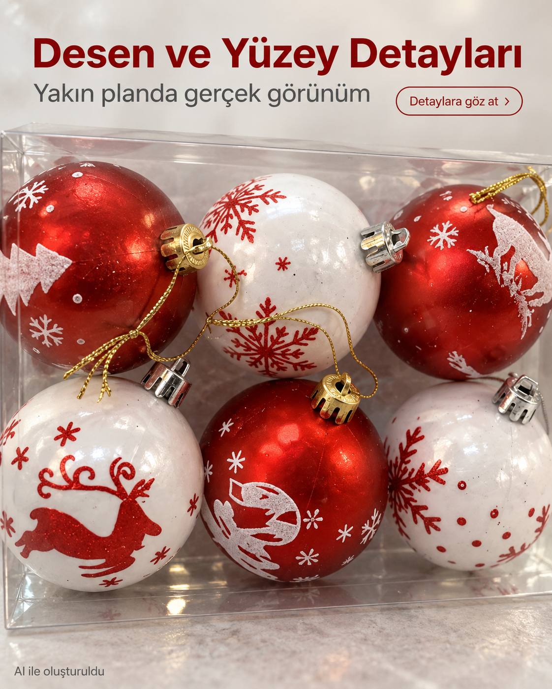 6’lı Kırmızı Beyaz Yılbaşı Topu Seti – Geyik, Kar Tanesi ve Çam Ağacı Desenli Noel Ağacı Süsleri, Dekoratif Çam Ağacı Topları