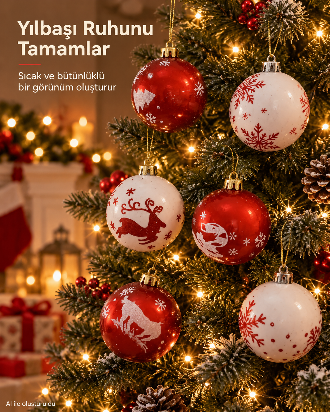 6’lı Kırmızı Beyaz Yılbaşı Topu Seti – Geyik, Kar Tanesi ve Çam Ağacı Desenli Noel Ağacı Süsleri, Dekoratif Çam Ağacı Topları