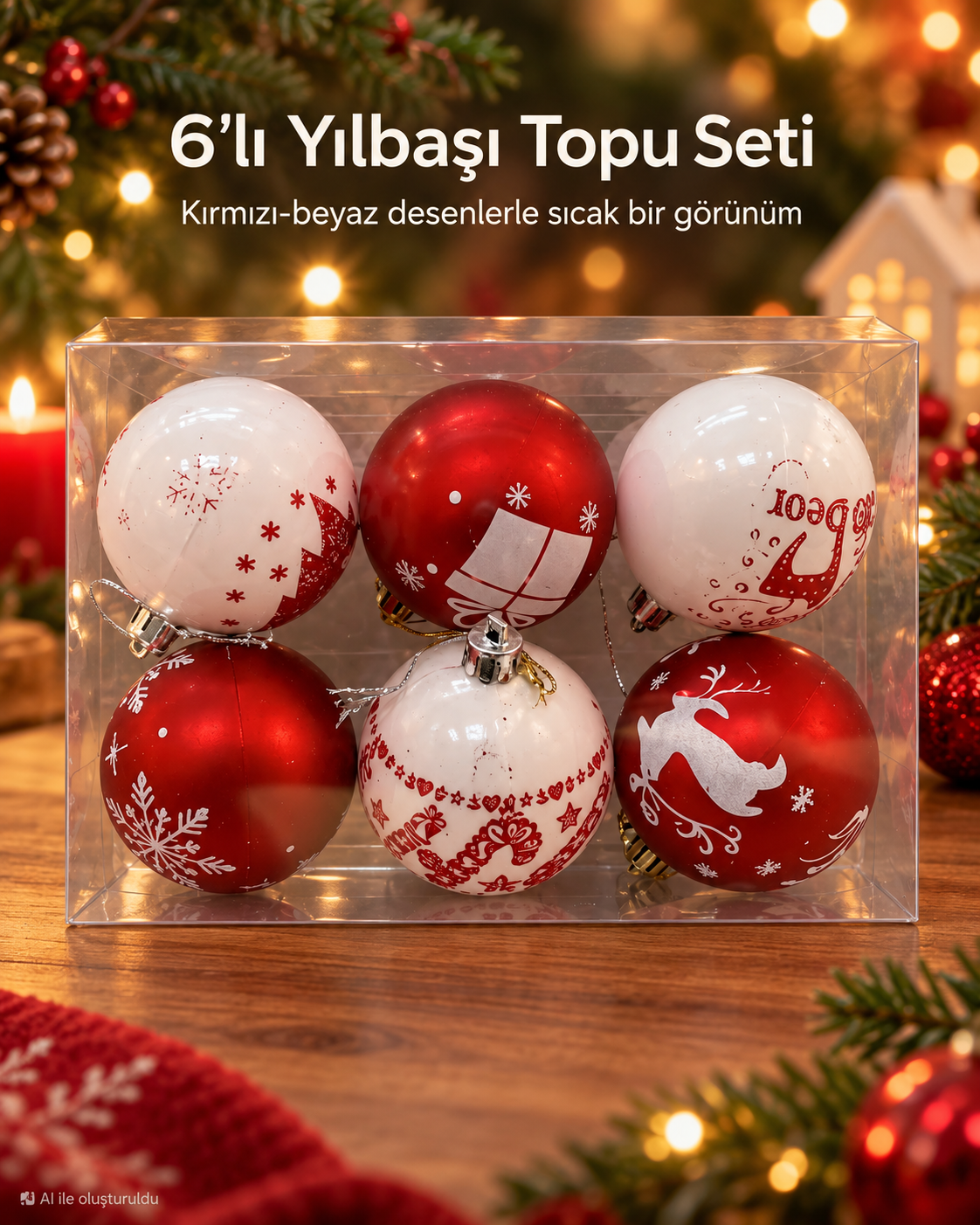 6’lı Kırmızı Beyaz Yılbaşı Topu Seti – Kar Tanesi, Hediye ve Geyik Desenli Noel Ağacı Süsleri, Dekoratif Çam Ağacı Topları