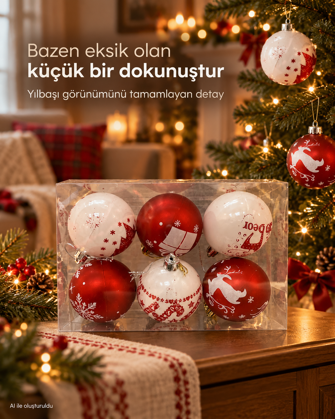 6’lı Kırmızı Beyaz Yılbaşı Topu Seti – Kar Tanesi, Hediye ve Geyik Desenli Noel Ağacı Süsleri, Dekoratif Çam Ağacı Topları