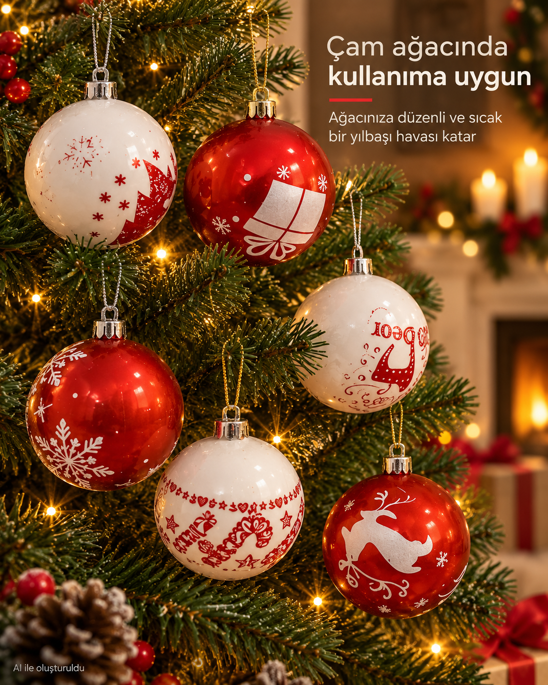 6’lı Kırmızı Beyaz Yılbaşı Topu Seti – Kar Tanesi, Hediye ve Geyik Desenli Noel Ağacı Süsleri, Dekoratif Çam Ağacı Topları