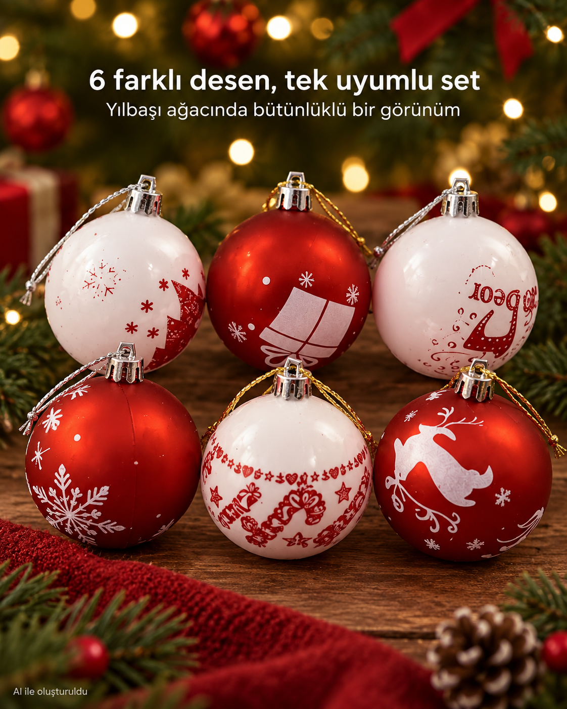 6’lı Kırmızı Beyaz Yılbaşı Topu Seti – Kar Tanesi, Hediye ve Geyik Desenli Noel Ağacı Süsleri, Dekoratif Çam Ağacı Topları