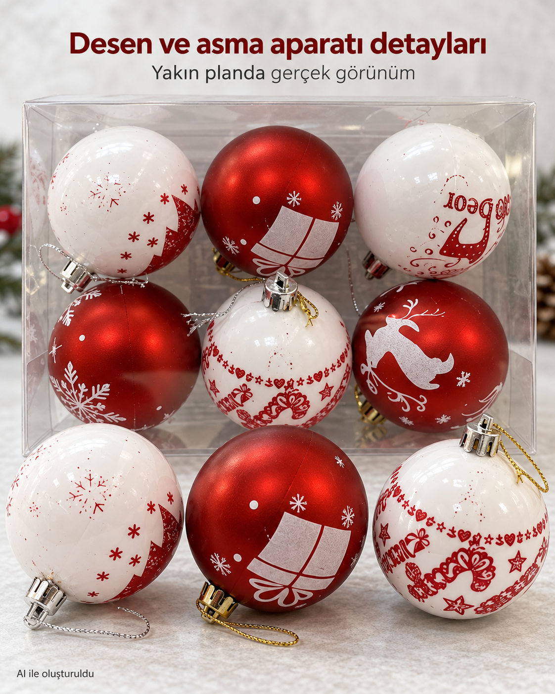 6’lı Kırmızı Beyaz Yılbaşı Topu Seti – Kar Tanesi, Hediye ve Geyik Desenli Noel Ağacı Süsleri, Dekoratif Çam Ağacı Topları