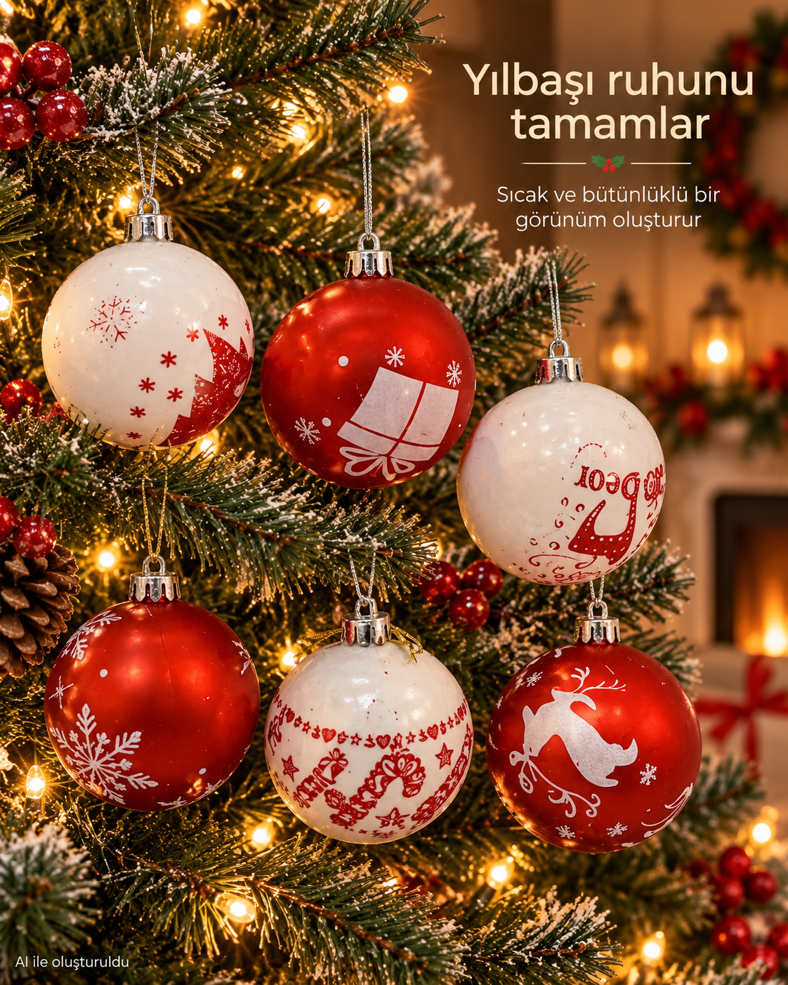 6’lı Kırmızı Beyaz Yılbaşı Topu Seti – Kar Tanesi, Hediye ve Geyik Desenli Noel Ağacı Süsleri, Dekoratif Çam Ağacı Topları