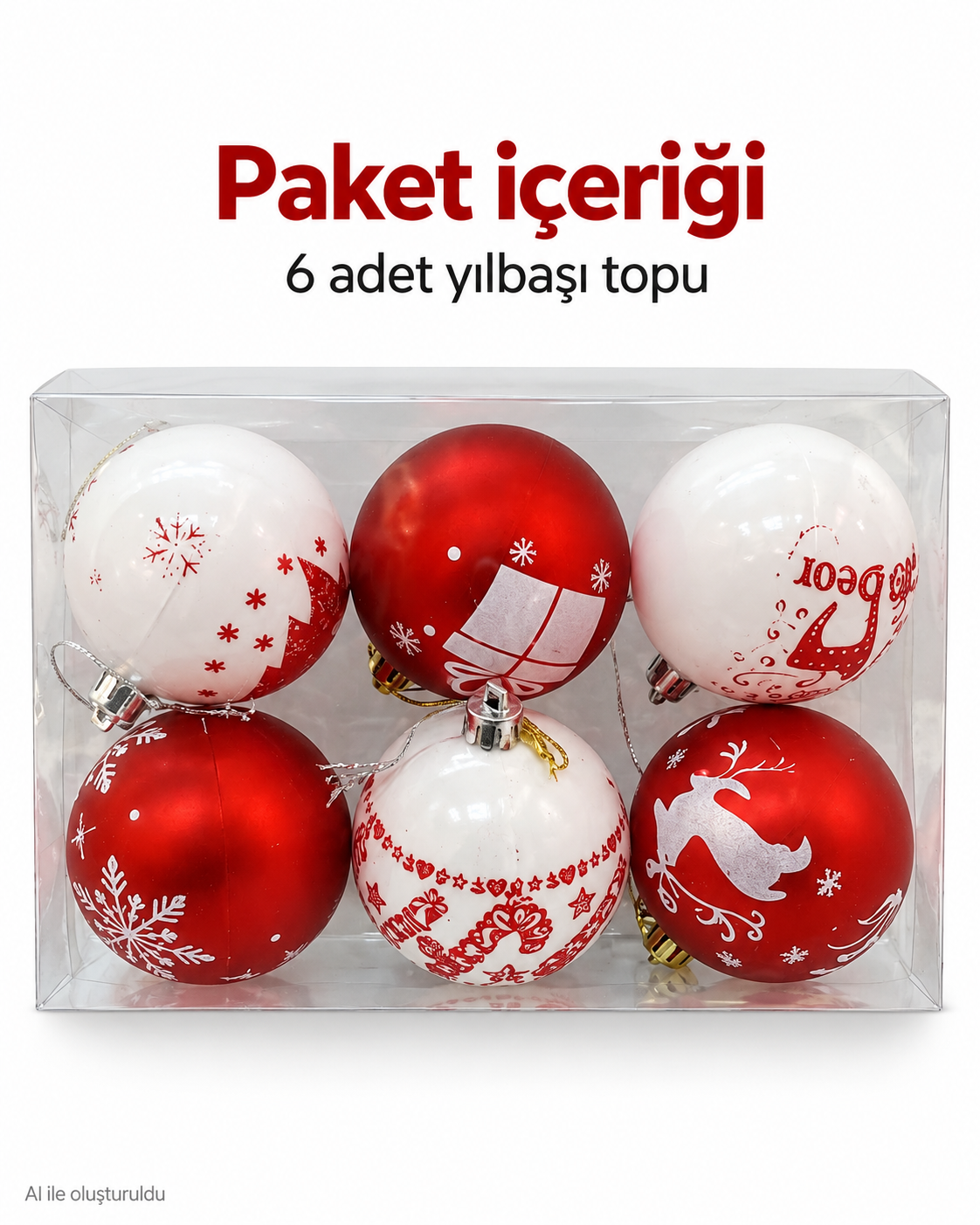 6’lı Kırmızı Beyaz Yılbaşı Topu Seti – Kar Tanesi, Hediye ve Geyik Desenli Noel Ağacı Süsleri, Dekoratif Çam Ağacı Topları