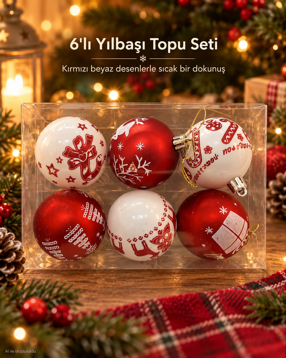 6’lı Kırmızı Beyaz Yılbaşı Topu Seti – Geyik, Yıldız, Kar Tanesi ve Hediye Desenli Noel Ağacı Süsleri