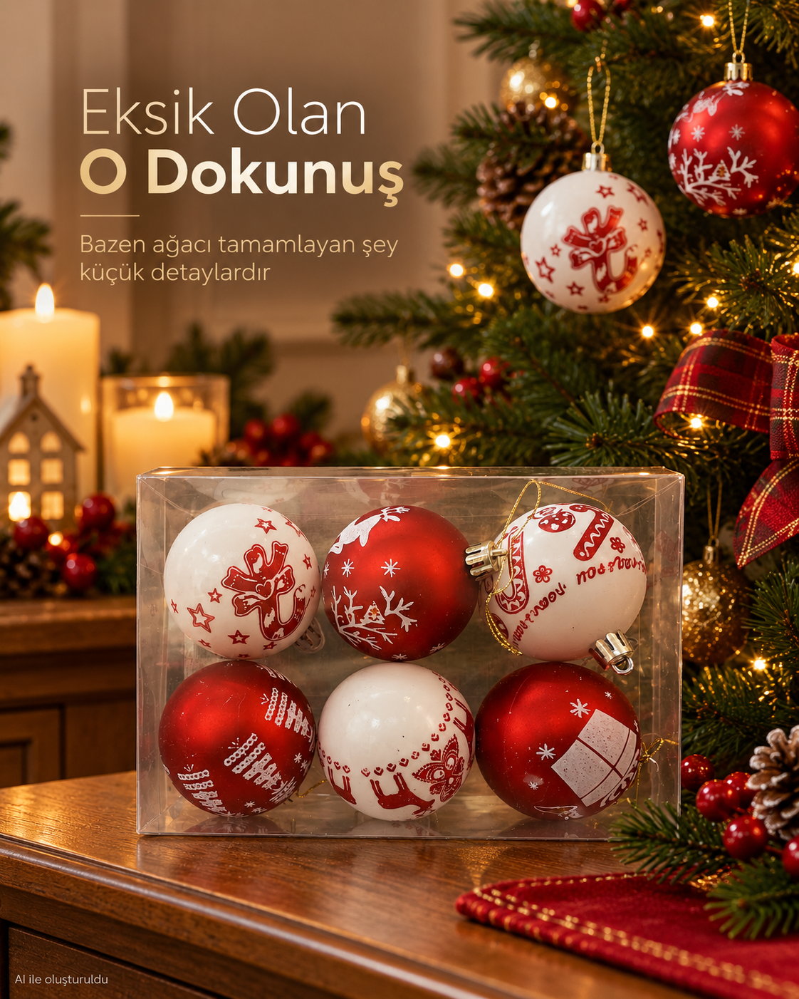 6’lı Kırmızı Beyaz Yılbaşı Topu Seti – Geyik, Yıldız, Kar Tanesi ve Hediye Desenli Noel Ağacı Süsleri