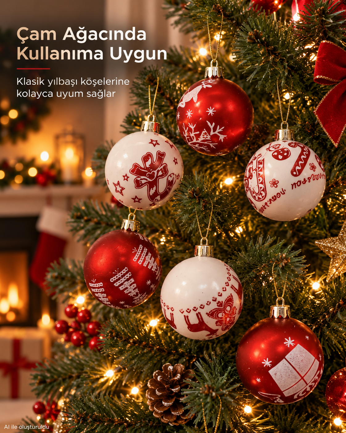 6’lı Kırmızı Beyaz Yılbaşı Topu Seti – Geyik, Yıldız, Kar Tanesi ve Hediye Desenli Noel Ağacı Süsleri