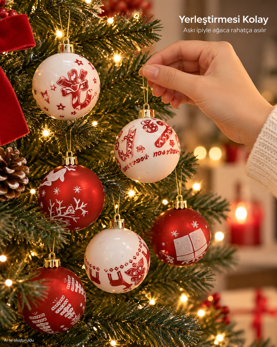 6’lı Kırmızı Beyaz Yılbaşı Topu Seti – Geyik, Yıldız, Kar Tanesi ve Hediye Desenli Noel Ağacı Süsleri