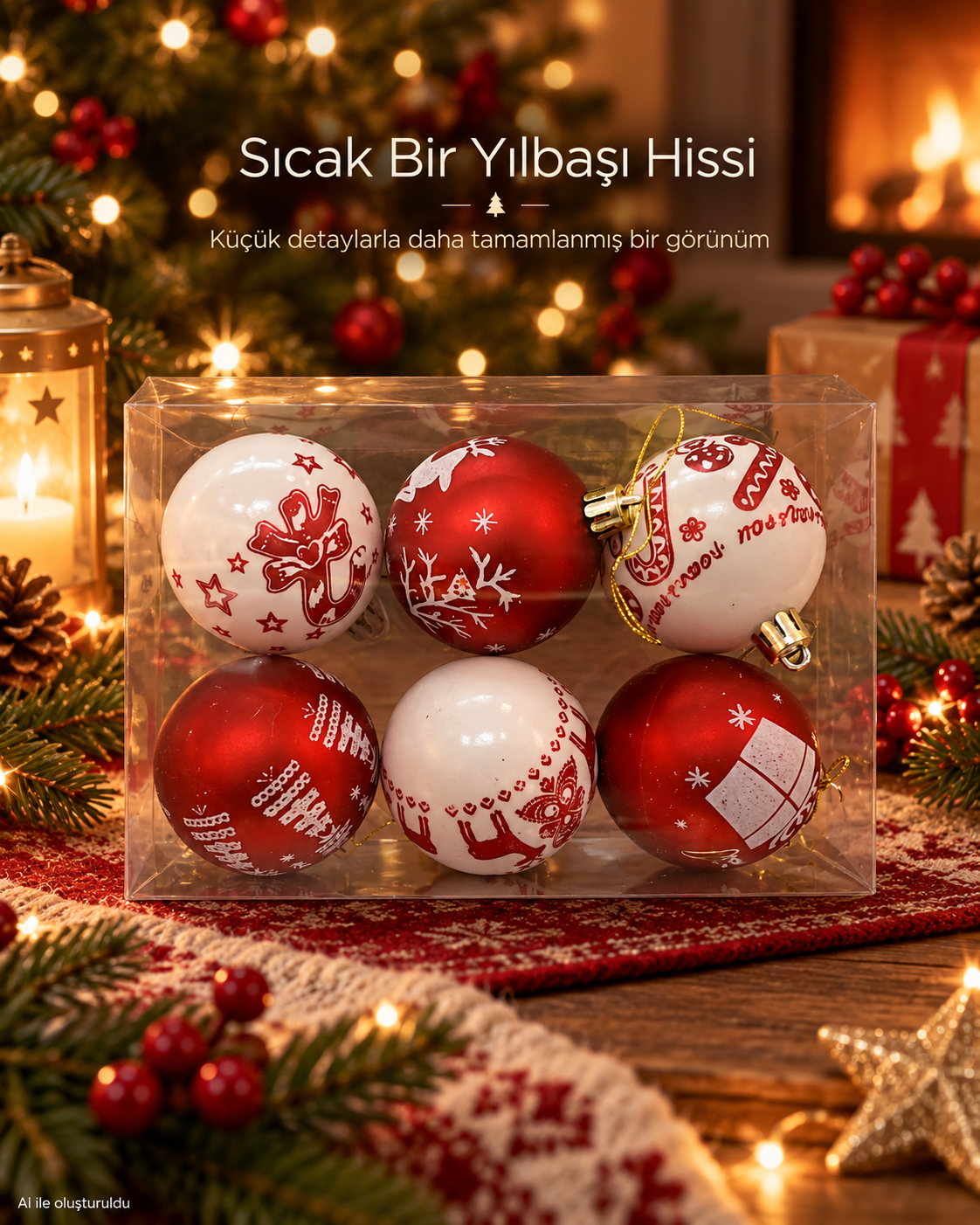 6’lı Kırmızı Beyaz Yılbaşı Topu Seti – Geyik, Yıldız, Kar Tanesi ve Hediye Desenli Noel Ağacı Süsleri