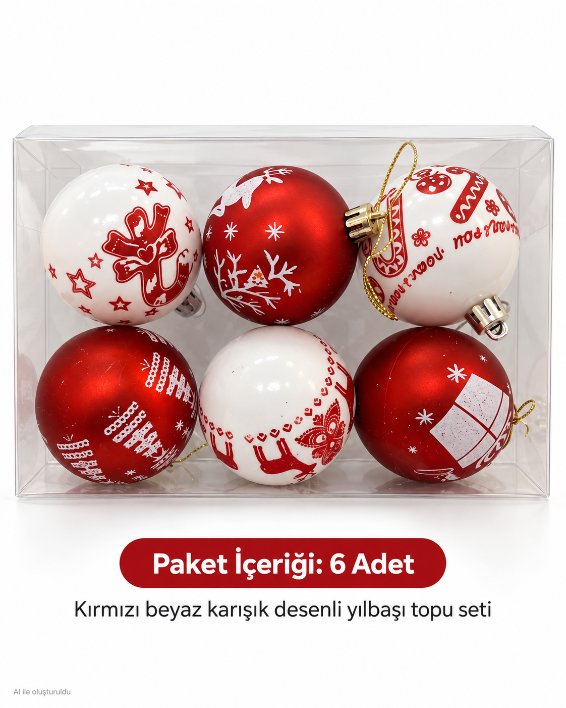 6’lı Kırmızı Beyaz Yılbaşı Topu Seti – Geyik, Yıldız, Kar Tanesi ve Hediye Desenli Noel Ağacı Süsleri