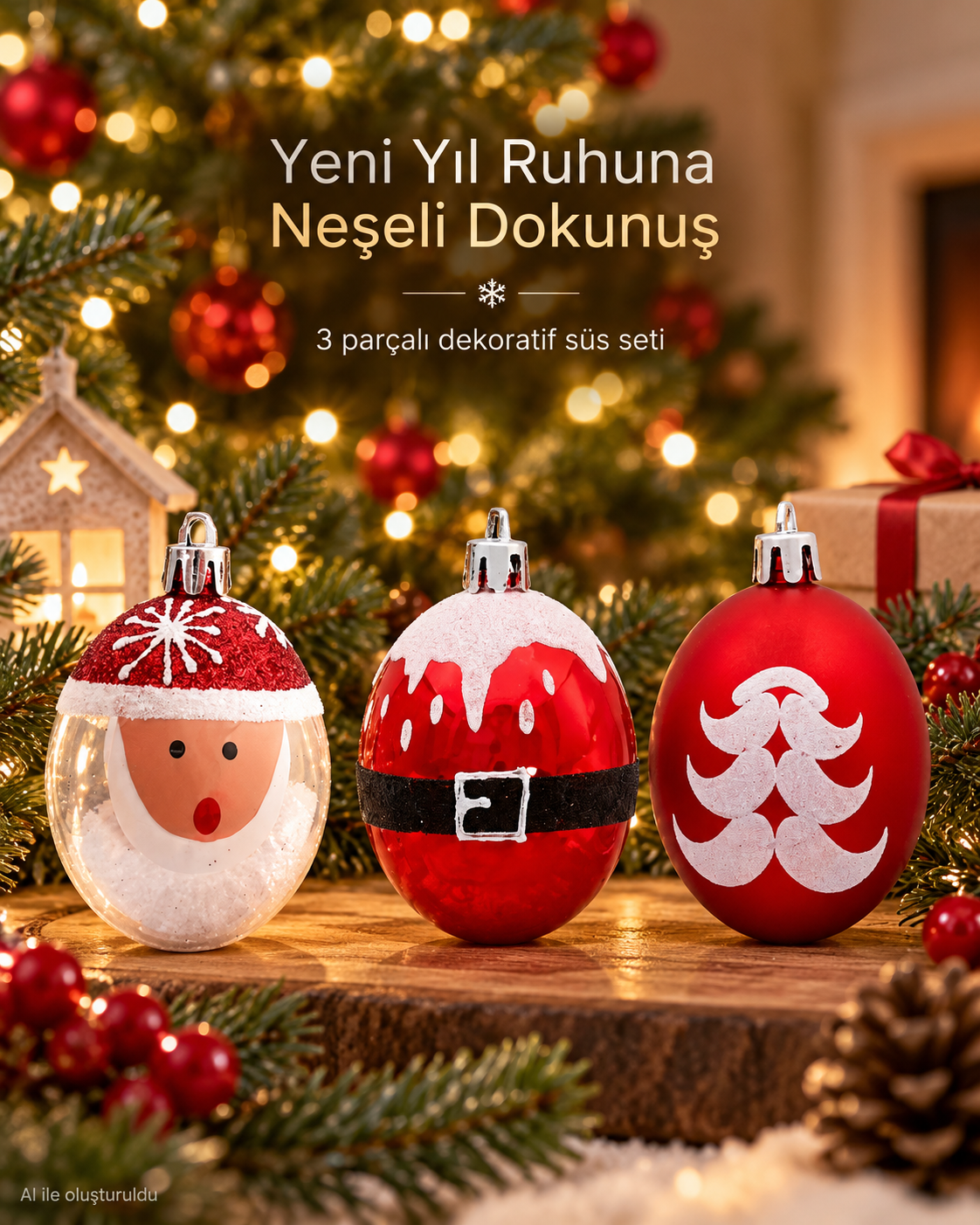 3 Adet Kırmızı Beyaz Noel Baba Figürlü Yılbaşı Ağacı Süsleri – Oval Noel Topları, Kemer ve Çam Ağacı Desenli Yılbaşı Dekoru
