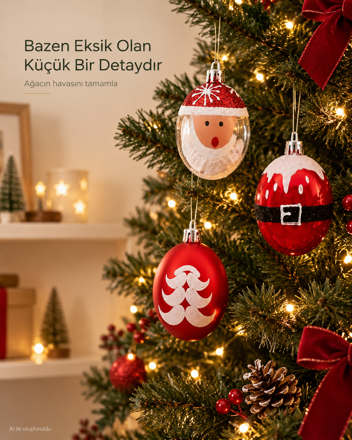 3 Adet Kırmızı Beyaz Noel Baba Figürlü Yılbaşı Ağacı Süsleri – Oval Noel Topları, Kemer ve Çam Ağacı Desenli Yılbaşı Dekoru