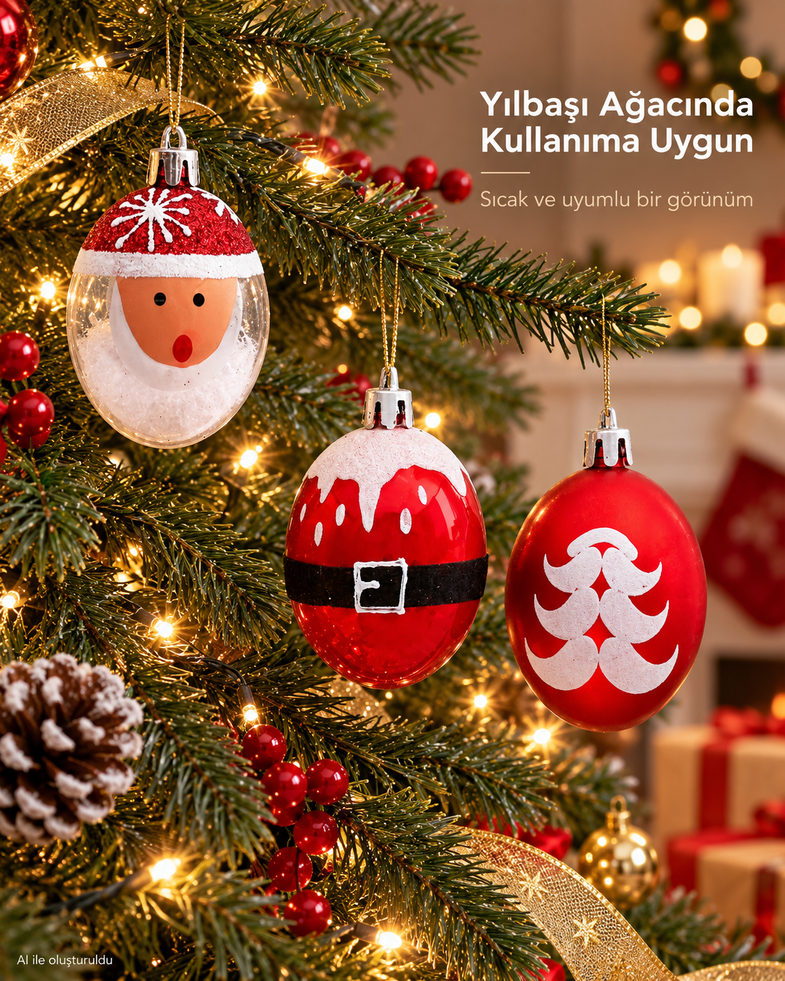3 Adet Kırmızı Beyaz Noel Baba Figürlü Yılbaşı Ağacı Süsleri – Oval Noel Topları, Kemer ve Çam Ağacı Desenli Yılbaşı Dekoru