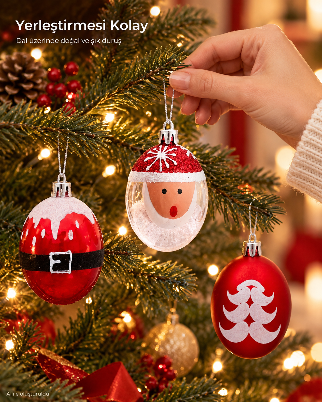 3 Adet Kırmızı Beyaz Noel Baba Figürlü Yılbaşı Ağacı Süsleri – Oval Noel Topları, Kemer ve Çam Ağacı Desenli Yılbaşı Dekoru