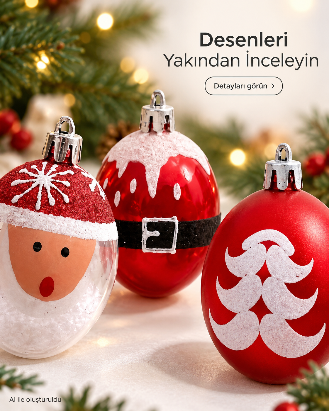 3 Adet Kırmızı Beyaz Noel Baba Figürlü Yılbaşı Ağacı Süsleri – Oval Noel Topları, Kemer ve Çam Ağacı Desenli Yılbaşı Dekoru