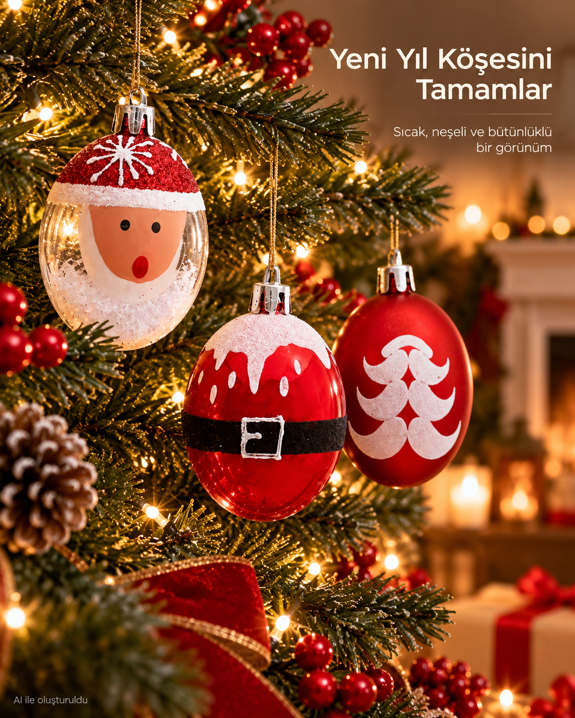 3 Adet Kırmızı Beyaz Noel Baba Figürlü Yılbaşı Ağacı Süsleri – Oval Noel Topları, Kemer ve Çam Ağacı Desenli Yılbaşı Dekoru