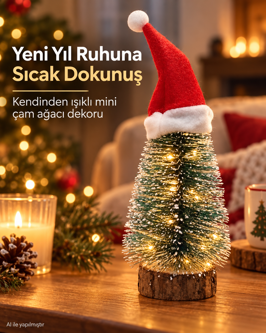 1 Adet Kendinden Işıklı 16 Cm El Yapımı Işıklı, Yılbaşı Şapkalı Çam Ağacı, Mini Çam Ağacı Masa, Ev Dekorasyonu