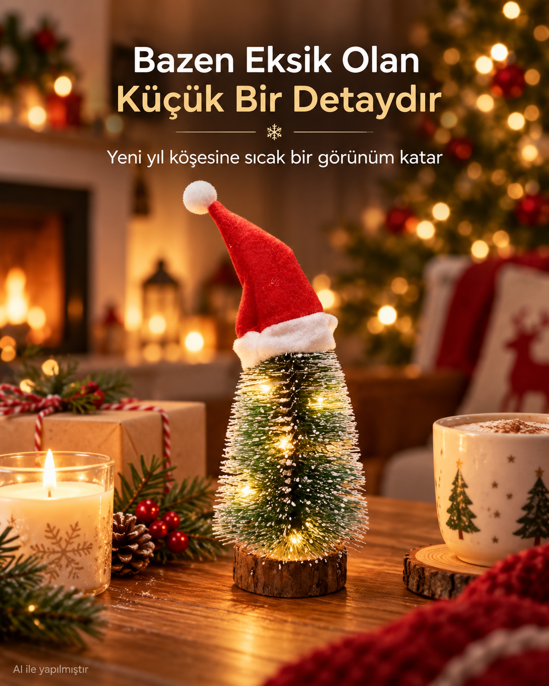 1 Adet Kendinden Işıklı 16 Cm El Yapımı Işıklı, Yılbaşı Şapkalı Çam Ağacı, Mini Çam Ağacı Masa, Ev Dekorasyonu