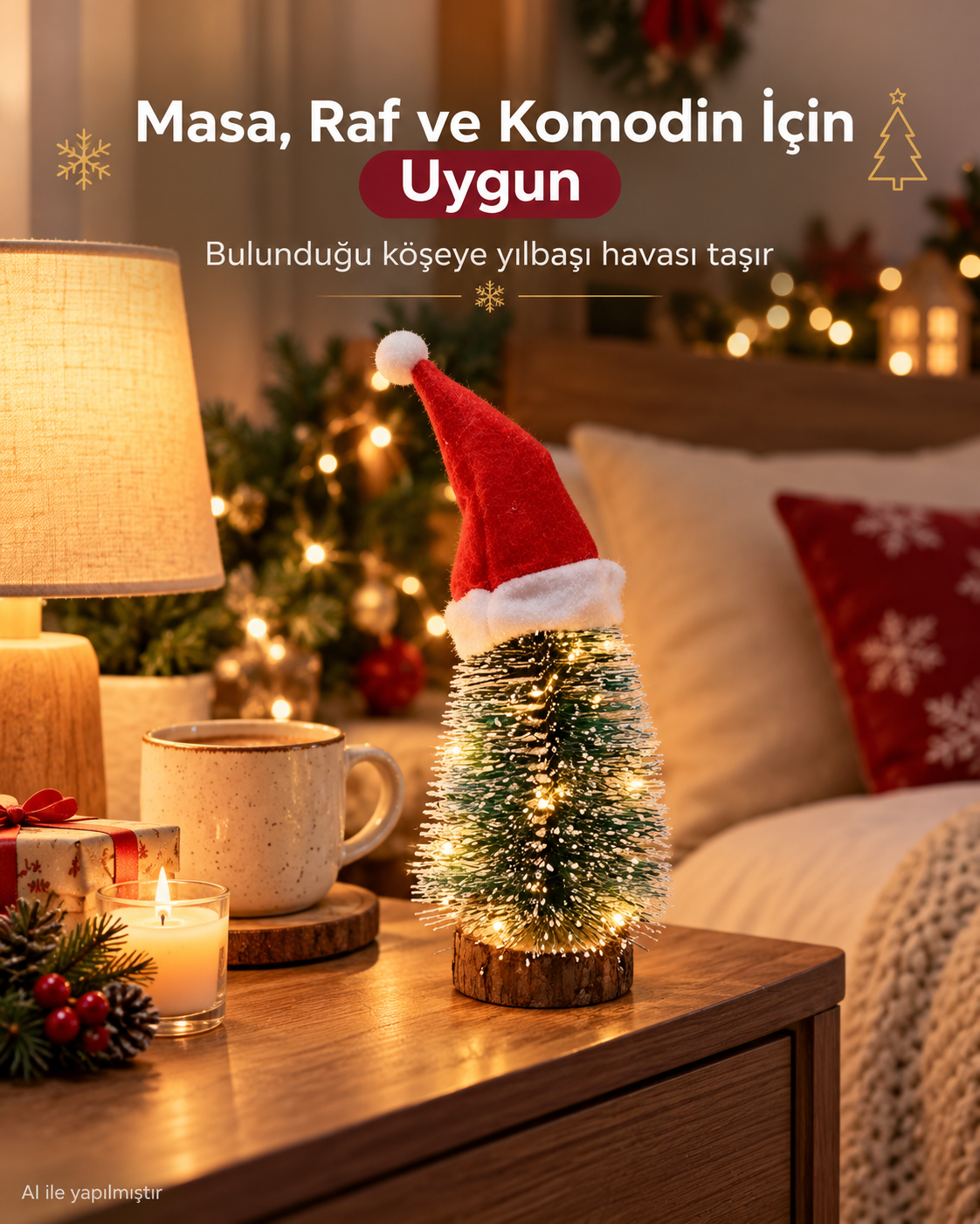 1 Adet Kendinden Işıklı 16 Cm El Yapımı Işıklı, Yılbaşı Şapkalı Çam Ağacı, Mini Çam Ağacı Masa, Ev Dekorasyonu