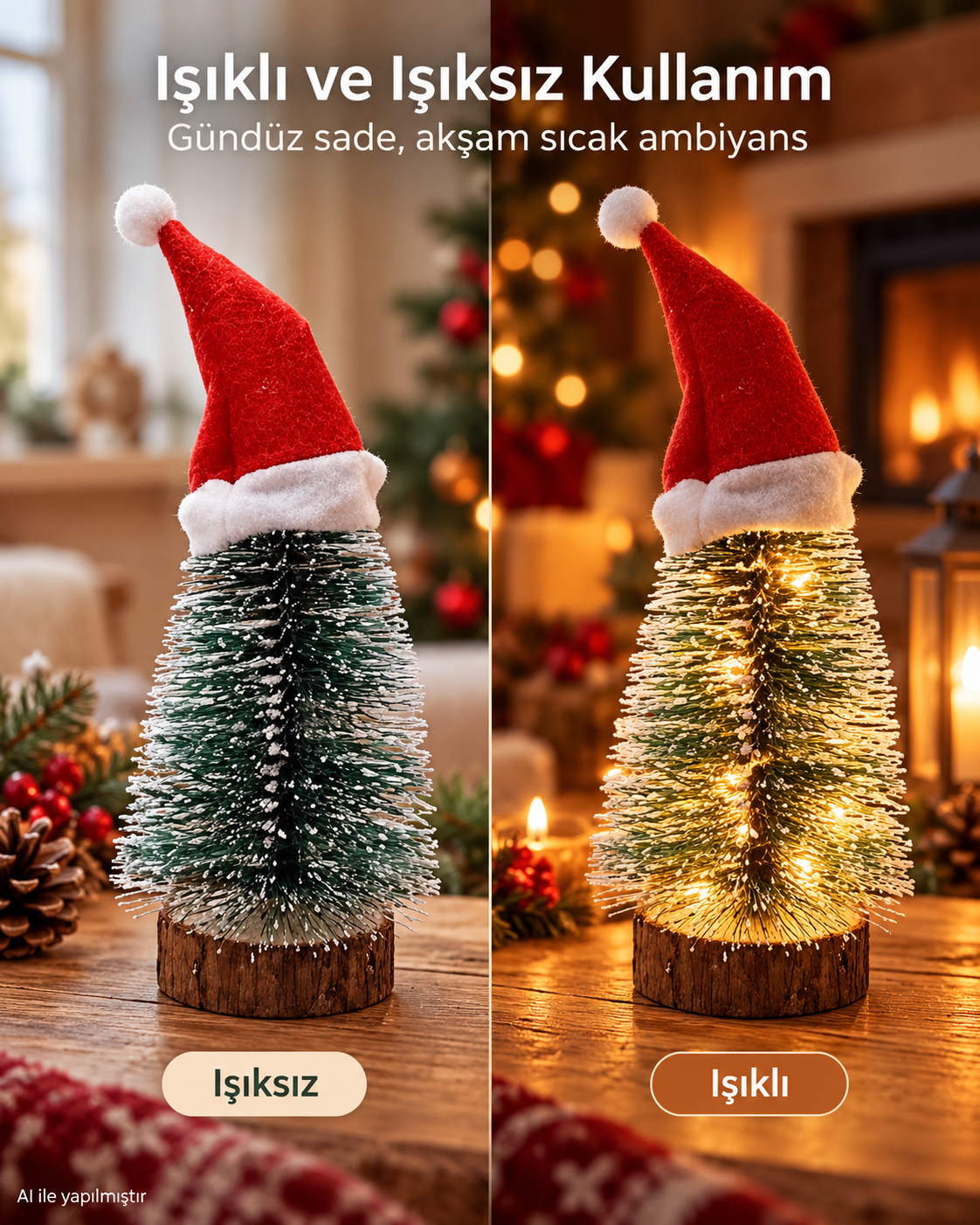 1 Adet Kendinden Işıklı 16 Cm El Yapımı Işıklı, Yılbaşı Şapkalı Çam Ağacı, Mini Çam Ağacı Masa, Ev Dekorasyonu