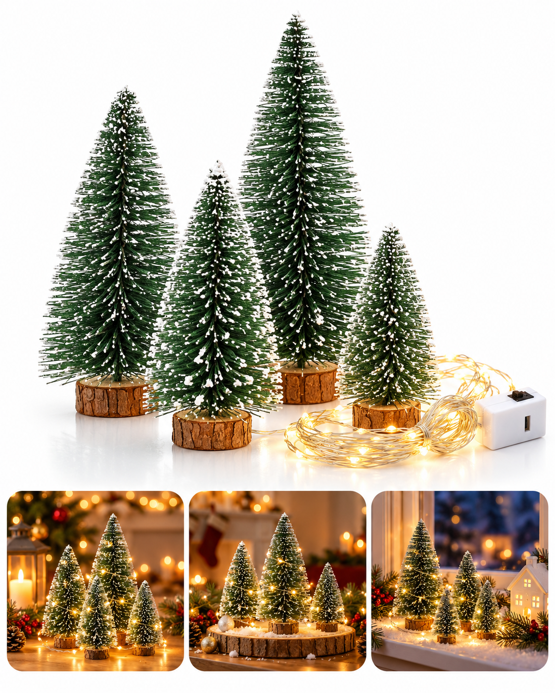 Kar Efektli Işıklı Ağacı Seti ( 1 Adet 10cm + 2 Adet 15 cm + 1 Adet 20 cm)– 4’lü Çam Ağaçları + LED Işık