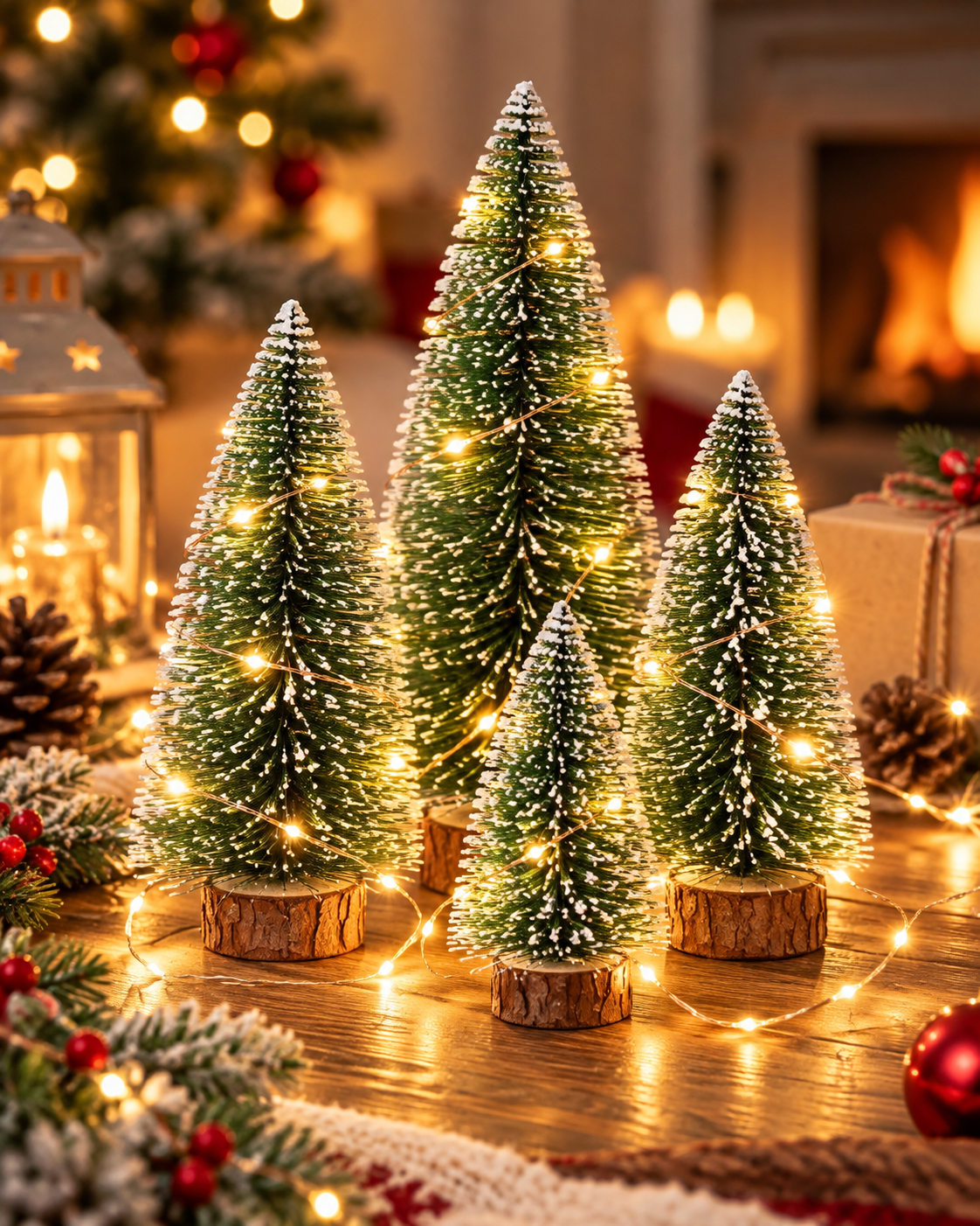 Kar Efektli Işıklı Ağacı Seti ( 1 Adet 10cm + 2 Adet 15 cm + 1 Adet 20 cm)– 4’lü Çam Ağaçları + LED Işık