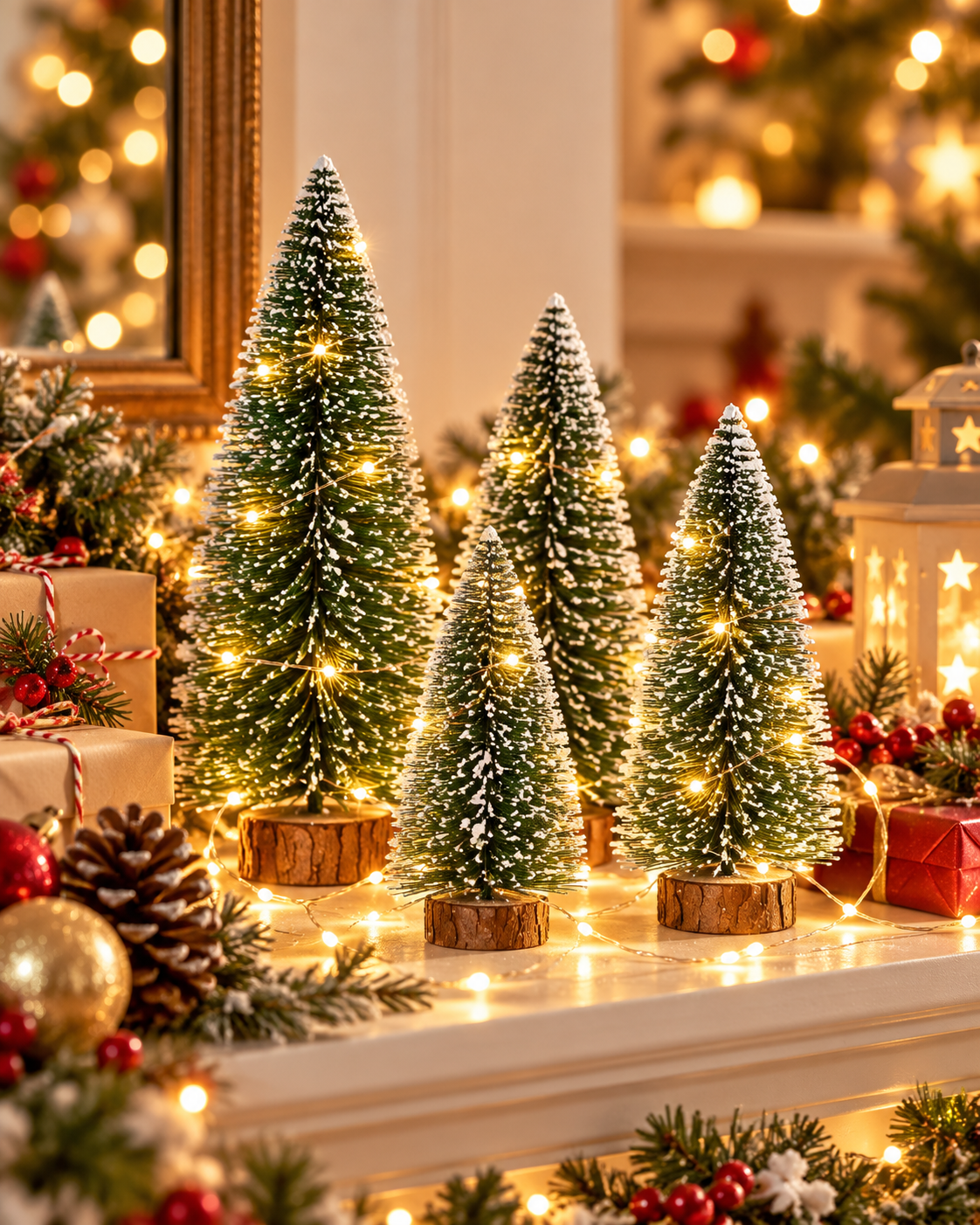 Kar Efektli Işıklı Ağacı Seti ( 1 Adet 10cm + 2 Adet 15 cm + 1 Adet 20 cm)– 4’lü Çam Ağaçları + LED Işık